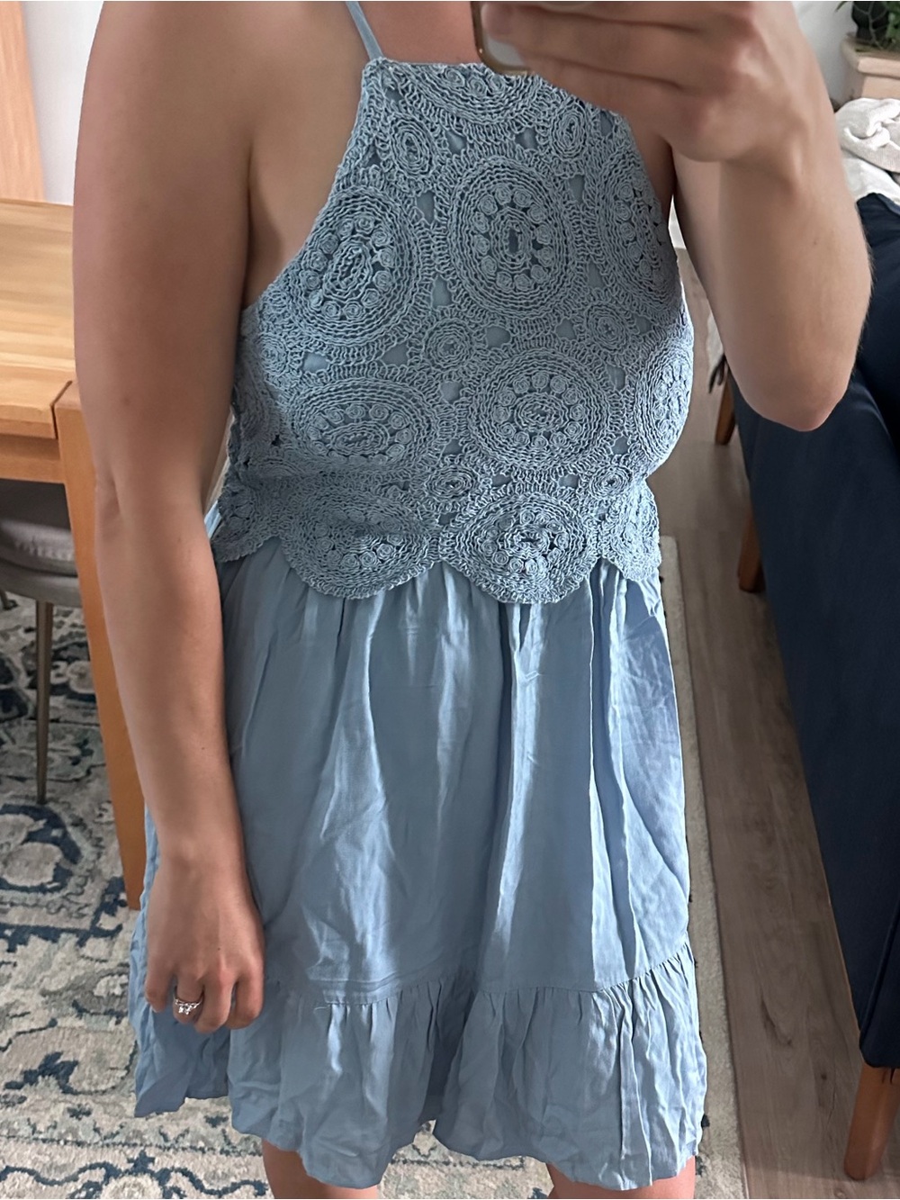Light Blue Crochet Bodice Midi Dress with Ruffled Hem